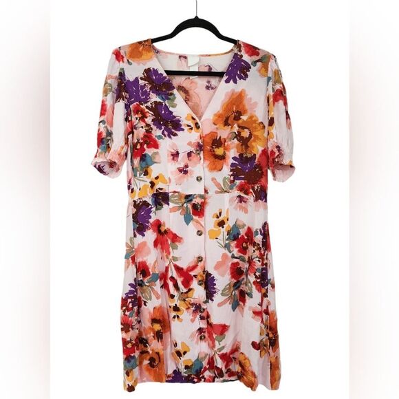 H&M Orange/Purple/Red/pink Floral Puff Sleeve V-Neck Sundress - button - Size S - Picture 1 of 4
